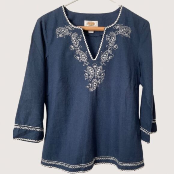 Talbots Tops - Talbots Embroidered Beaded Blouse 3/4 Sleeve Linen/Cotton Indigo Blue Si…
